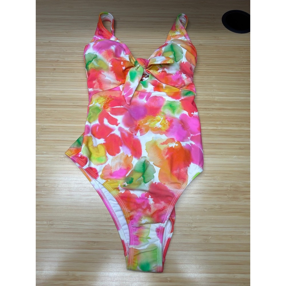 Shade & Shore Floral One Piece Swimsuit XS Tie Front High Leg NWT